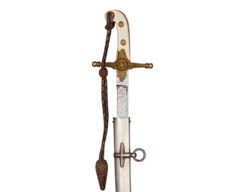 A Staff officer’s mameluke hilted sword, curved blade 33”, DE at point, etched with floral and foliate scrolled panels with b