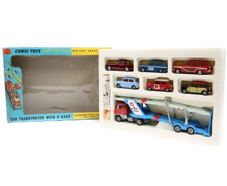 A scarce l960’s Corgi Toys Gift Set No.48 Car Transporter With 6 Cars. Comprising a Ford H Series “Tilt Cab” tractor unit in 