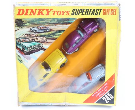 A 1960’s Dinky Toys Superfast Gift set 245. Comprising Jensen FF in bright yellow with black interior, Jaguar E Type in metal