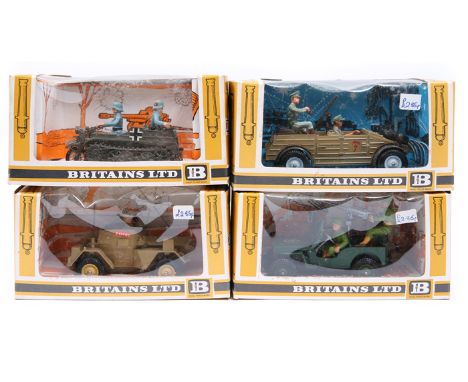 4 1970’s produced Britains military vehicles. 8th Army Scout Car No.9784. Afrika Korps Kubelwagen No.9785, both in desert san