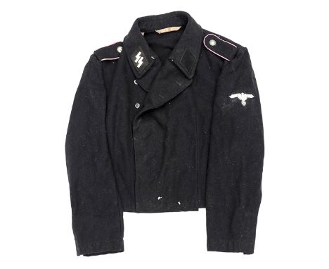 A Waffen SS Panzer man’s special pattern black cross-over jacket, machine sewn grey cotton runes collar patch and plain black