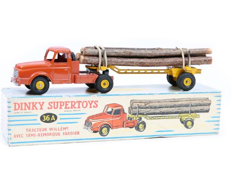 A French Dinky Supertoys Tracteur Willeme Avec Semi-Remorque Fardier (36A). Orange tractor unit with yellow trailer, both wit