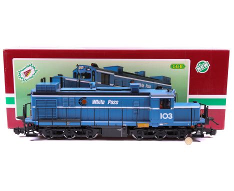 A L.G.B. (Lehmann Gross-Bahn) G scale North American style switcher diesel locomotive (2155S). RN 103 in blue ‘White Pass’ mi