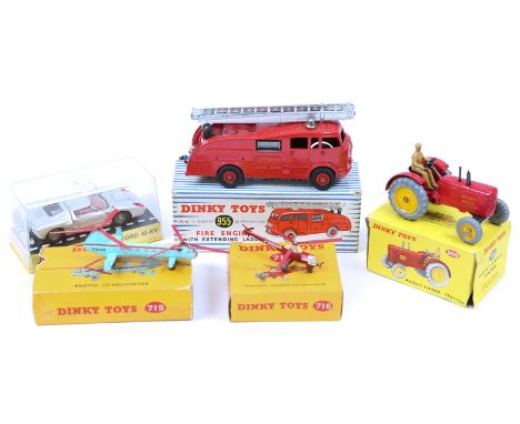 9 Dinky Toys. Commer Fire Engine (955), Singer Vogue (145) in metallic green. Lotus Racing car (241), London Bus (291) in red