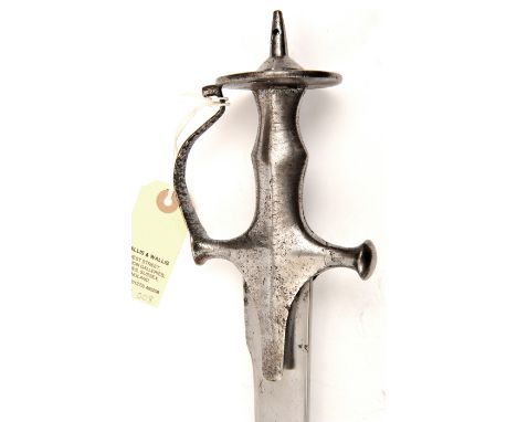 A tulwar, curved, very slightly swollen blade 30”, DE at point, steel hilt of traditional form with long langets, mushroom fi