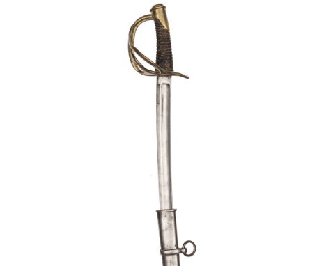 A mid 19th century US cavalry trooper’s sword of French style, curved, fullered blade 36”, flat backed, with faint traces of 