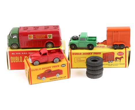 6 Dublo Dinky Toys. Commer Van (063), Austin Lorry (064), Morris Pick-Up (065), Bedford Flat Truck (066), AEC Mercury Tanker 