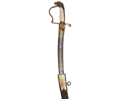 A US cavalry officers sword, c 1800, curved, shallow fullered blade 32”, (similar to British 1796 pattern), line etched, blue