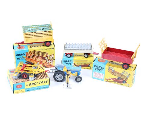 7 Corgi Toys. Farm related – Ford 5000 tractor in blue with side mounted shovel, loose. A Beast Carrier (58) in yellow and re