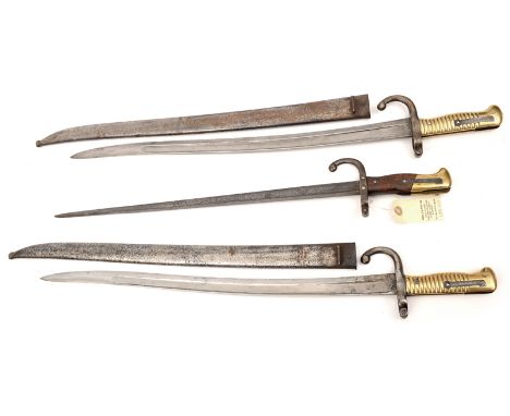 2 Chassepot bayonets, d 1872, in scabbards (some wear, scabbards cleaned over pitting) and a Gras bayonet (date unclear) no s