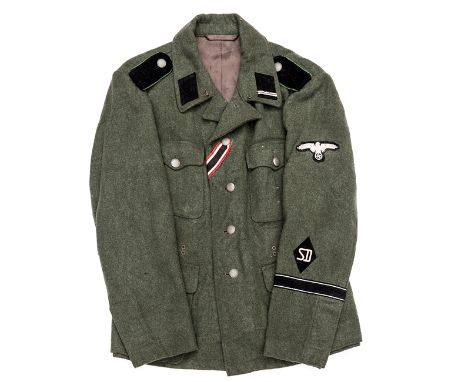 An SD Man’s M1942 tunic, field grey material, machine sewn black collar patches, blank right side, Sturmmann’s rank patch lef
