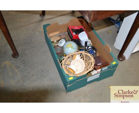 A box of various sundry items to include marbles; pens; small globe; Mrs Beeton's Everyday cookery book etc