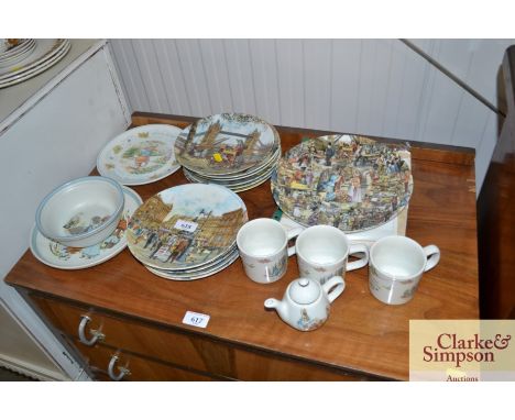 A quantity of Davenport and other collectors plates; Wedgwood Peter Rabbit cups; Denby bowl and plate etc