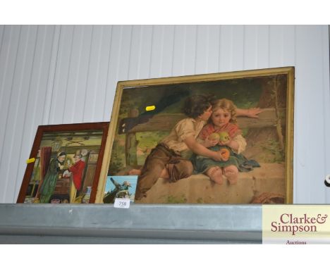 A framed print AF, together with an oil on board interior scene