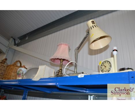 A Pifco adjustable reading lamp; bedside lamp with fitted clock etc