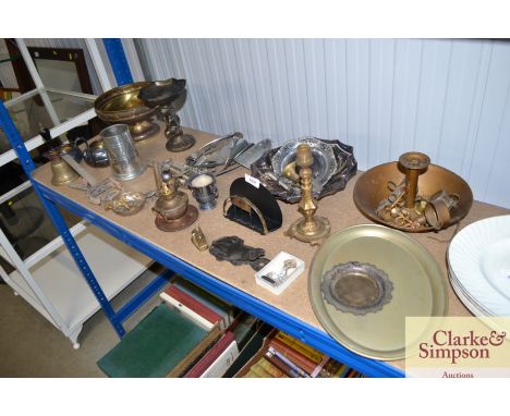 A quantity of various silver plated and metalware to include shoe stretchers; pedestal bowl; silver plated teaware; brass bel