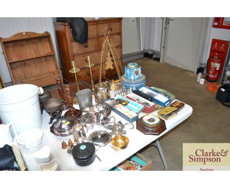 A quantity of various metal and wooden ware to include silver plated dinnerware, oak cased barometer, boxed cutlery, pair of 