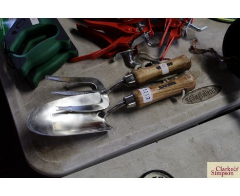 A stainless steel hand trowel and fork 