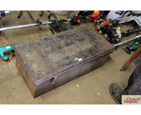 A metal storage trunk
