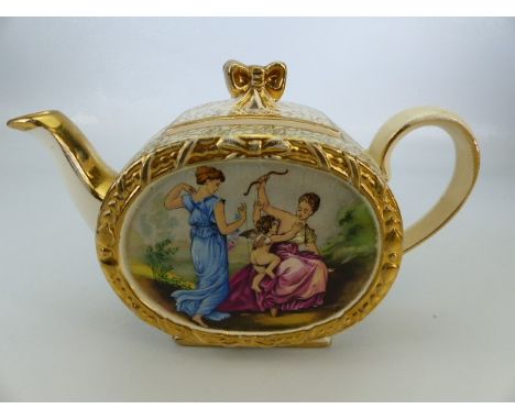 Sadler Victorian oval teapot with handpainted french panels and gilt decoration.