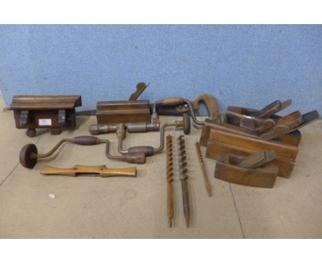 Assorted tools including planes and hand drills 