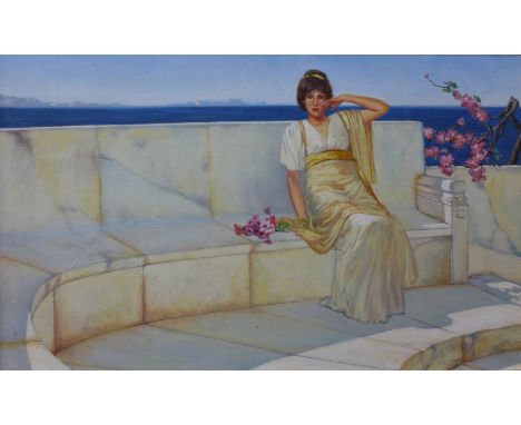 James Brereton (b.1954), a portrait of a Neo-Classical lady with sea in the background, oil on board, 22 x 36cms and J.B., be
