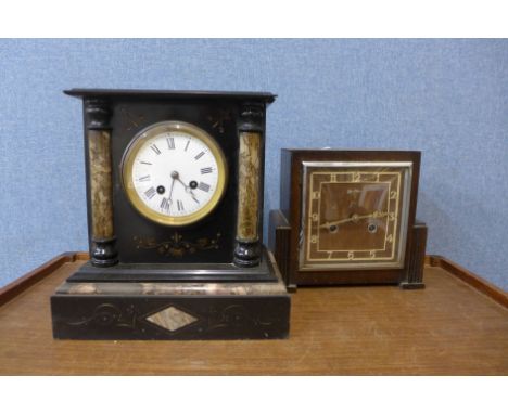 A Belgian slate mantel clock with chiming movement, side slate panel missing and three oak and walnut mantel clocks 