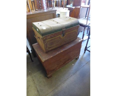 A Victorian stained pine blanket chest and a tin trunk 