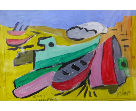 Edward Morgan, abstract beach scene, gouache, 9.5 x 14cms, framed 