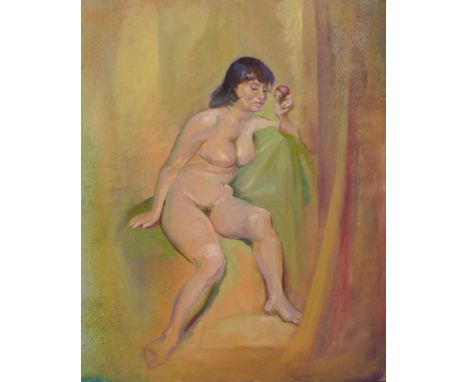 Harry Fred Darking (1911 - 1999), portrait of a seated female nude, oil on canvas laid on board, 50 x 40cms, unframed 