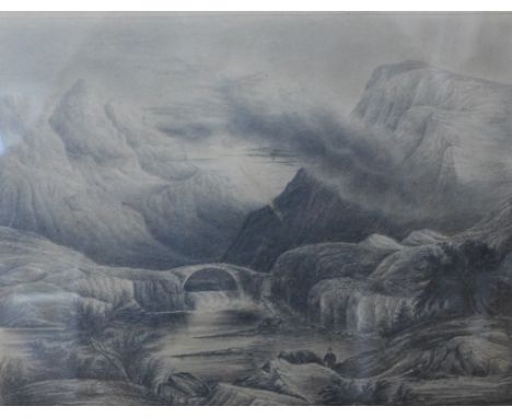 English School (late 18th Century), mountain scene, pencil sketch, indistinctly signed, 13 x 18cms, framed 