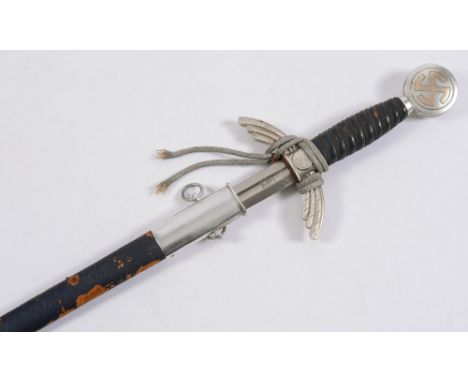 A German WWII Luftwaffe Officer`s sword, the double edged steel blade with maker`s logo `Eickhorn Solinghen`, wire bound blue