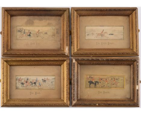 A set of four silk Stevengraphs hunting scenes:, 'The Meet' 'The Death' 'The First Point' and 'Full Cry' (4)