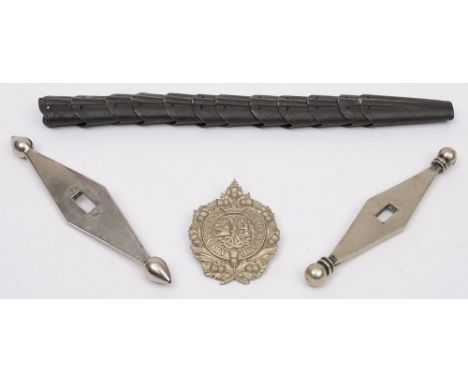 Two Scottish sword hilt replacements:, scabbard mounts and Argyll & Sutherland cap badge.etc.
