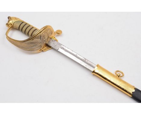 A modern Naval officers dress sword: with 78cm. fullered blade with fouled anchor cypher, gilt brass knuckle guard with foldi