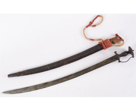 An Indo-Persian Talwar of traditional form with a blade length of 75cm in a leather bound wooden scabbard:. 
