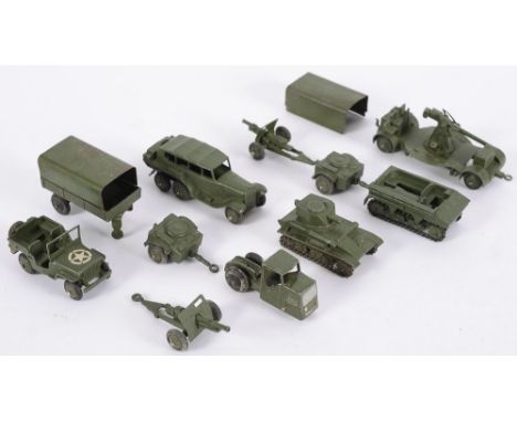 Dinky No 161B Anti Aircraft Gun on Trailer; No 152A Light Tank, 152B Reconnaissance Car, 153A Jeep, No 162 A Light Dragon Mot