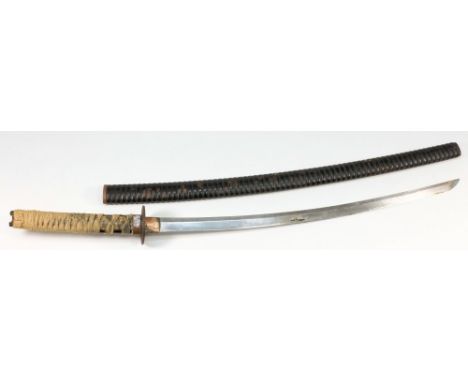 A Japanese wakizashi:, the 23 1/2 inch blade over steel tsuba, smooth same and white tsuka-ito, in a ribbed lacquered scabbar