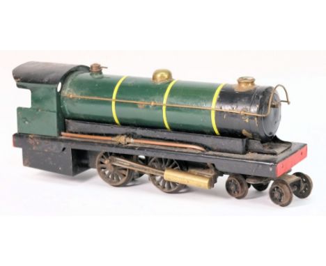 A live steam 4-4-0 engine:, with green tank and brass fixings, black cab and chassis, 29cm long.