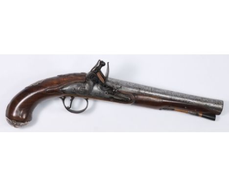 A late 18th century flintlock pistol by Gandon of London:, the barrel with three proof marks to breech over sidelock action e