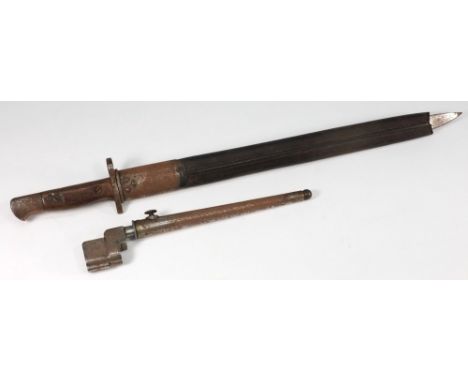 A World War I British bayonet: contained in a leather scabbard and a World War II British bayonet No 4 Mk III, contained in a