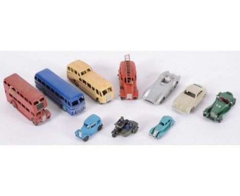 Dinky No 25h Fire Engine, 290 Double Decker Bus, 280 Observation Coach, 29h Leyland Royal Tiger, No 35A Austin Seven, 38F Jag