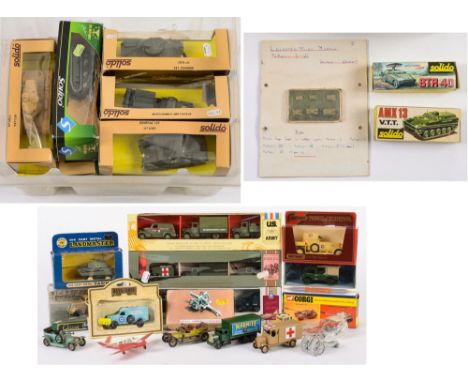 A collection of Solido, Dinky and other military vehicles:, including 'AMX 13', 'BTR 40' in original boxes.