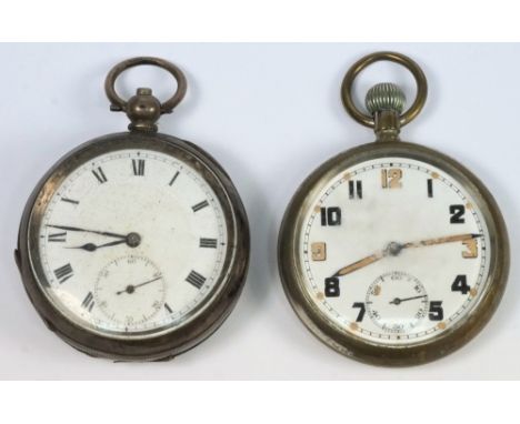 A British army issue pocket watch: stamped to the rear case with War office issue No and a gents silver cased open faced pock