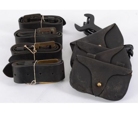 Four Fireman's leather belts with leather spanner pouches: and three hose spanners.