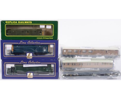 Two boxed Lima Class 20 Diesel locomotives in BR livery, a Replica Railways GWR locomotive and three carriages:.