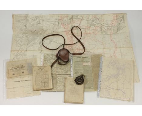 A WWI MKII style prismatic compass by S Mordan & Co, dated 1918 in leather case, together with three linenbacked maps of Fran