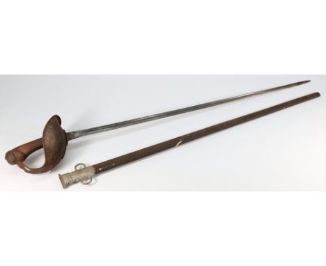 A British cavalry troopers sword, 1908 pattern: with 88cm. fullered blade, with steel bowl guard, chequered grip, contained i