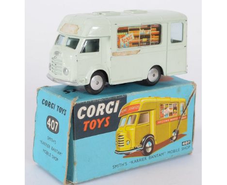 Corgi No.407 Smith's "Karrier Bantam" Mobile Shop:  light pale green, boxed. 
