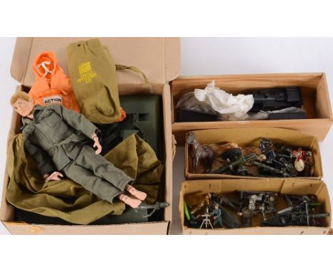 An Action Man figure and some accessories: an Airfix Gun Emplacement , tank locomotive, assorted Britains and other soldiers,